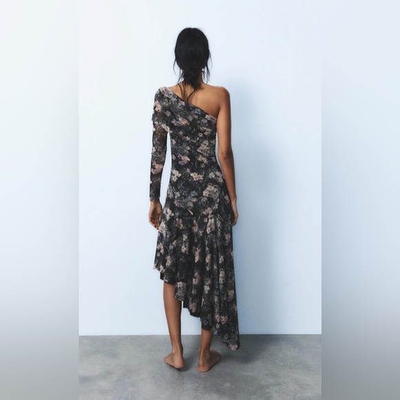 ZARA Floral One-Shoulder Asymmetric Mesh Midi Dress – NWT size Medium - Picture 5 of 16